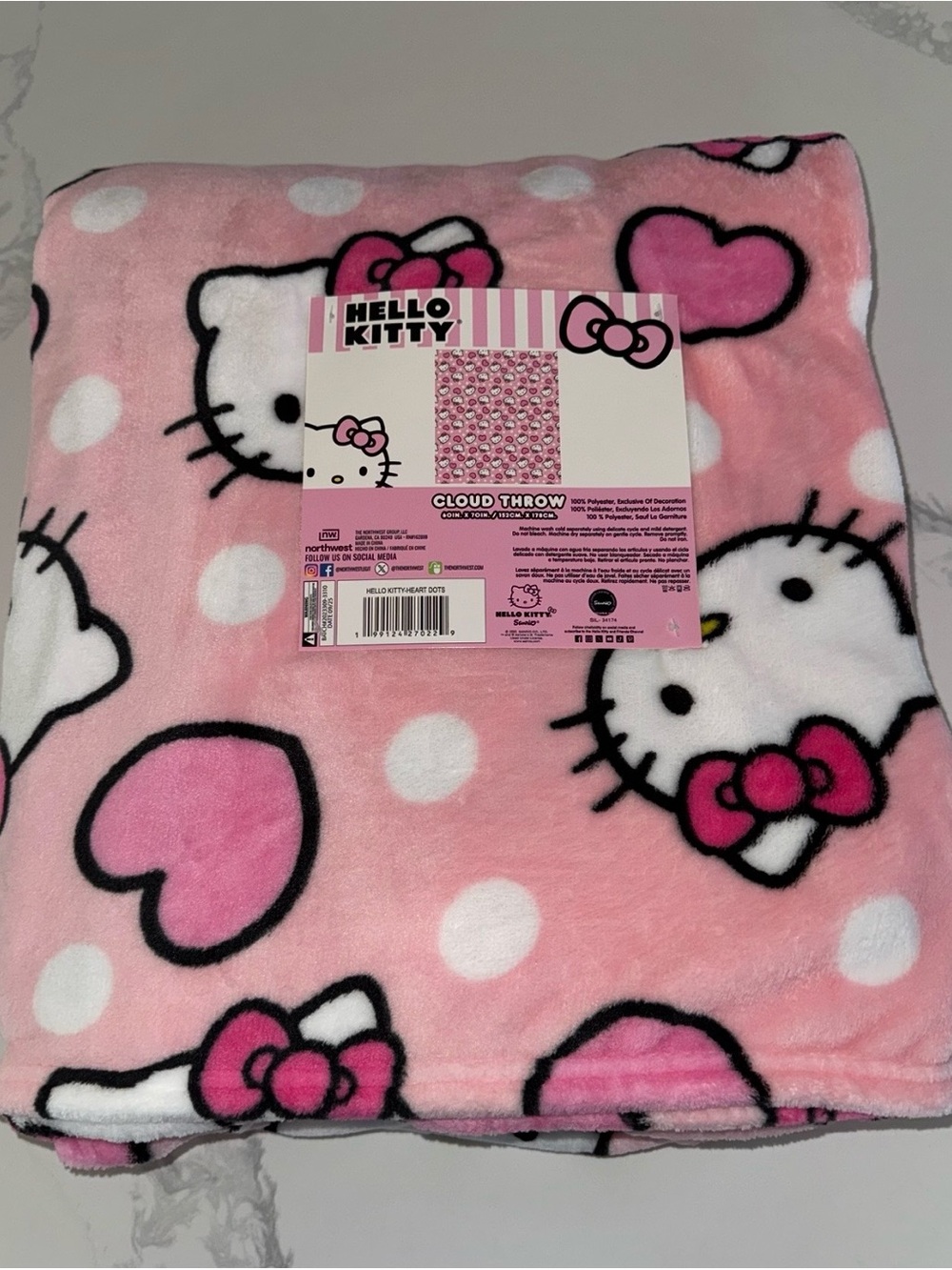 Hello Kitty Pink Hearts and Polka Dots Oversized Cloud Throw Blanket